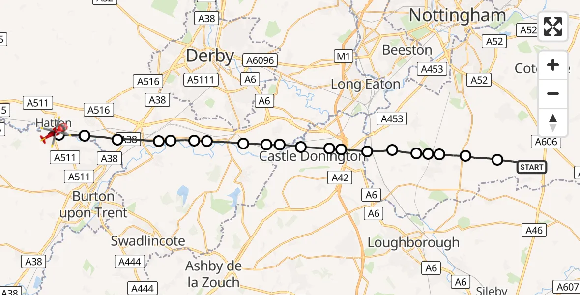 Flight route Air Ambulance Helicopter Willoughby on the Wolds - Tutbury, 05 June 2026, 15:10