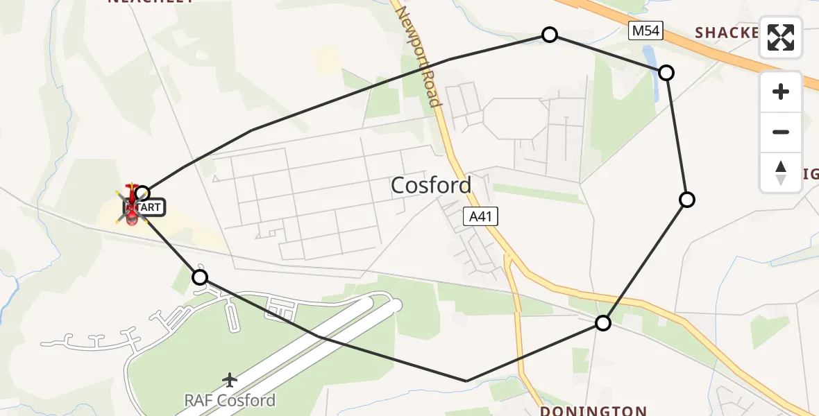 Flight route Air Ambulance Helicopter RAF Cosford - Tong, 05 June 2026, 15:10