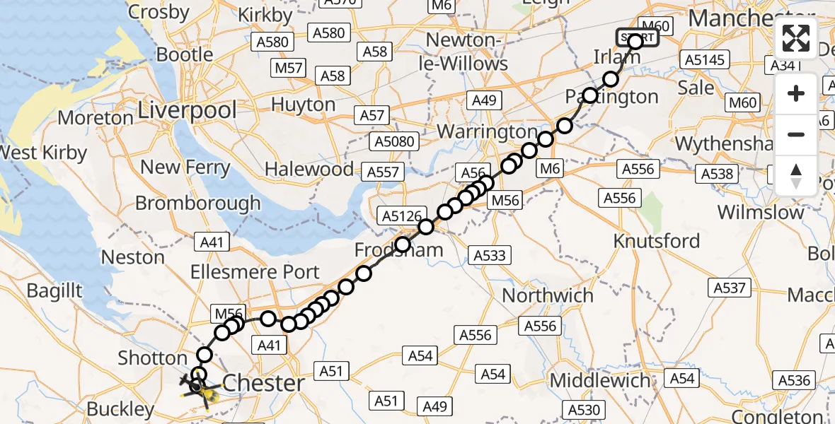 Flight route Police Helicopter Manchester Barton Aerodrome - Hawarden Airport, 05 June 2026, 15:16