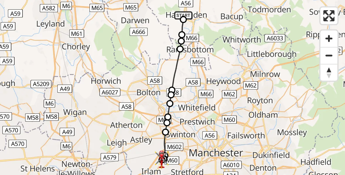 Flight route Air Ambulance Helicopter Haslingden - Manchester Barton Aerodrome, 05 June 2026, 15:21