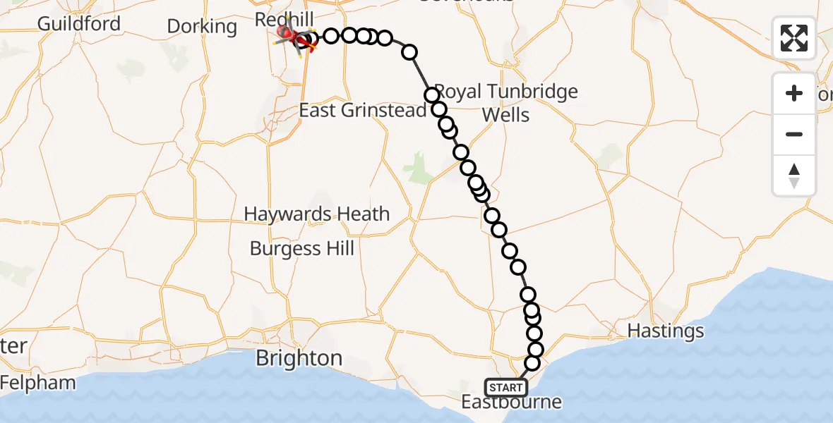 Flight route Air Ambulance Helicopter Eastbourne - Redhill Aerodrome, 05 June 2026, 15:36
