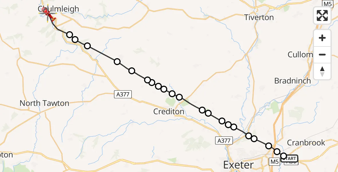 Flight route Air Ambulance Helicopter Exeter International Airport - Mid Devon, 05 June 2026, 15:37