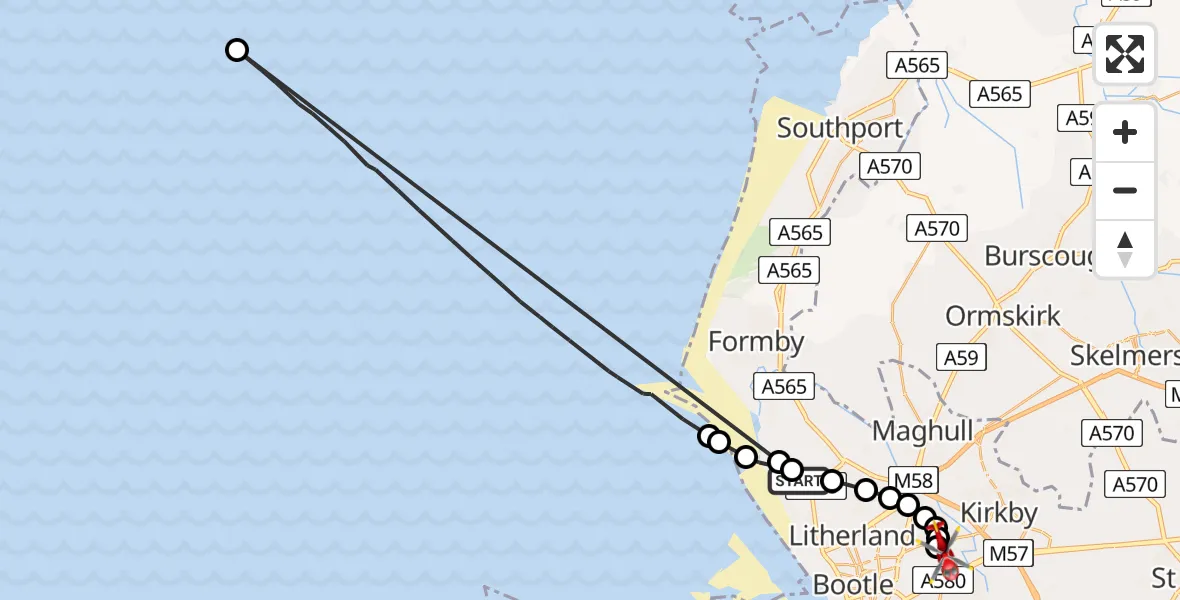 Flight route Air Ambulance Helicopter Crosby - Aintree University Hospital Heliport, 05 June 2026, 15:41