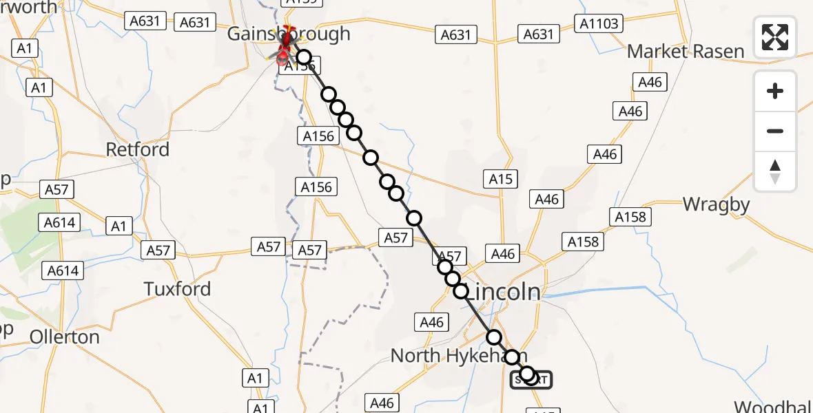 Flight route Air Ambulance Helicopter RAF Waddington - Gainsborough CP, 05 June 2026, 15:43