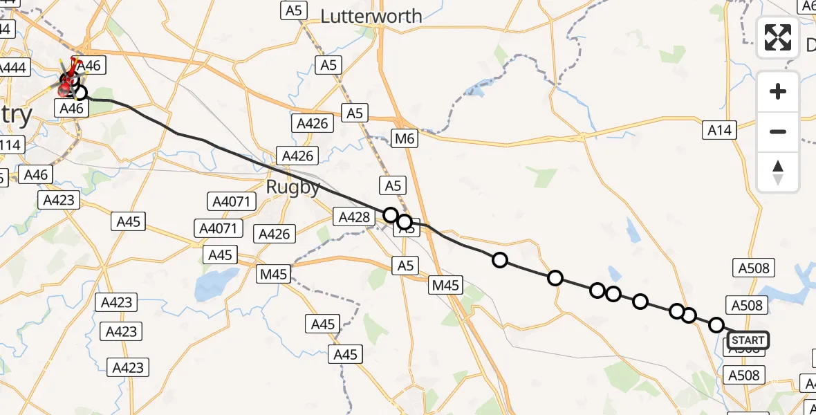 Flight route Air Ambulance Helicopter Pitsford - Walsgrave, 05 June 2026, 15:46