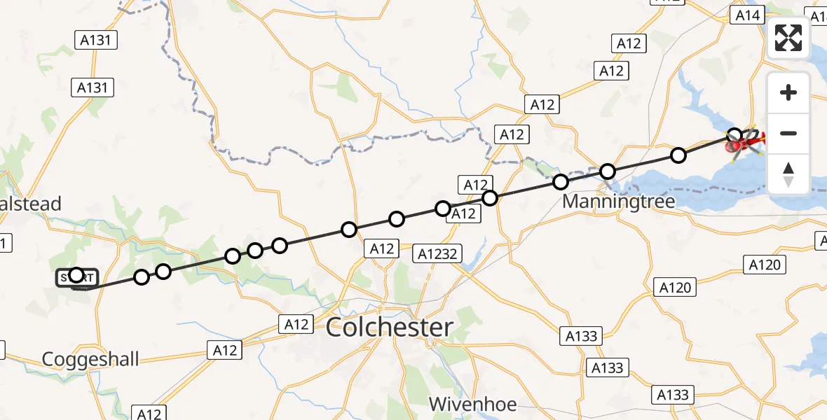 Flight route Air Ambulance Helicopter Earls Colne Airfield - Holbrook, 05 June 2026, 15:52