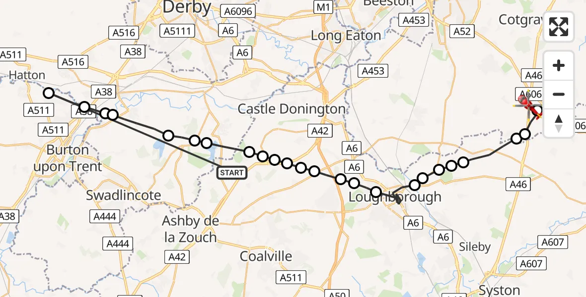 Flight route Air Ambulance Helicopter Worthington - Nottingham Heliport, 05 June 2026, 15:52