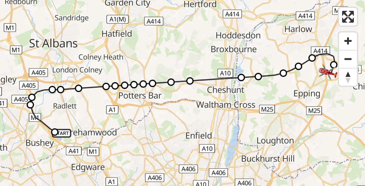 Flight route Air Ambulance Helicopter Elstree Airfield - North Weald Airfield, 05 June 2026, 15:56