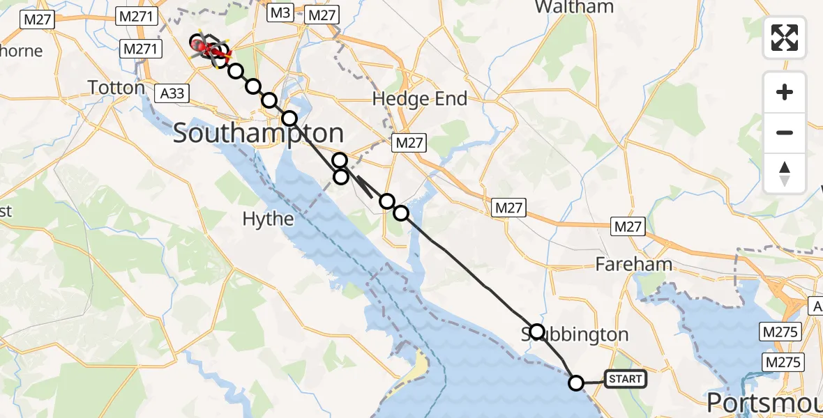 Flight route Air Ambulance Helicopter Lee-on-the-Solent - University Hospital Southampton, 05 June 2026, 16:00