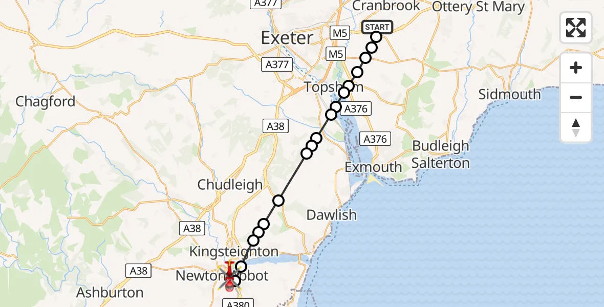Flight route Air Ambulance Helicopter Exeter International Airport - Newton Abbot, 05 June 2026, 16:07