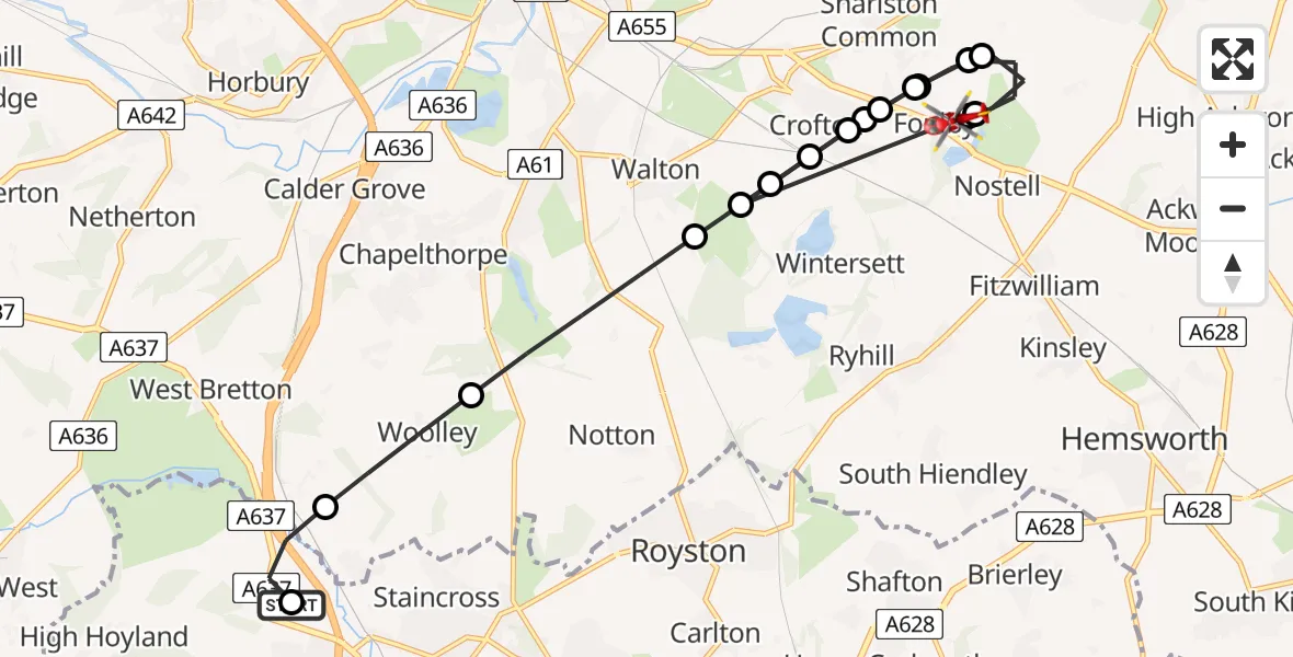 Flight route Air Ambulance Helicopter Barnsley - YAA Nostell Helicopter Port, 05 June 2026, 16:07