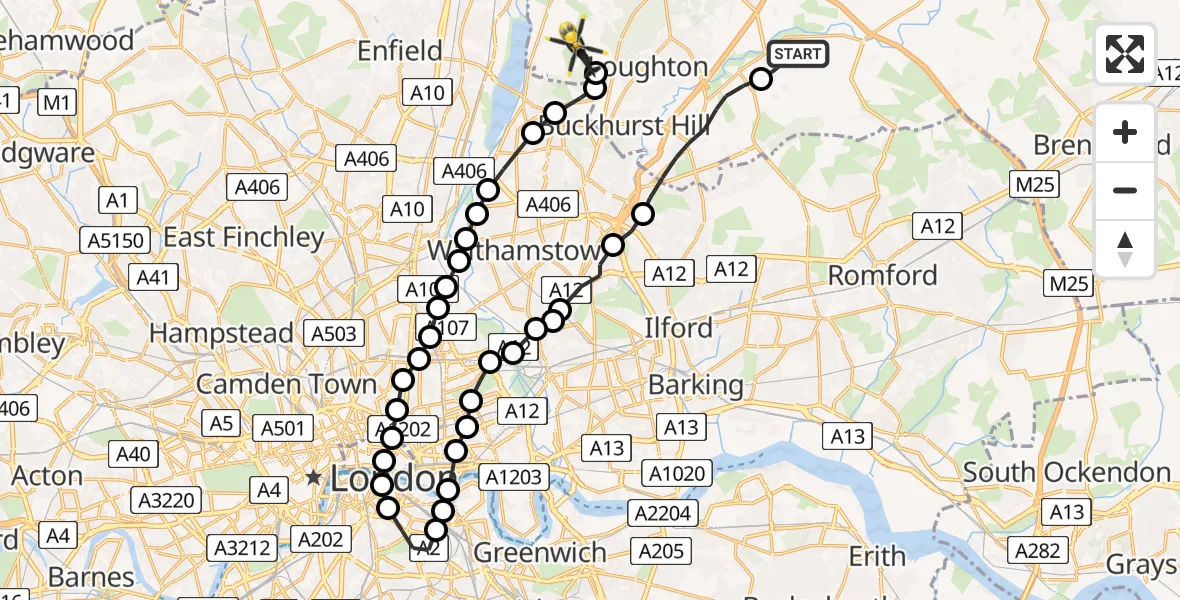 Flight route Police Helicopter Abridge - Sewardstonebury, 05 June 2026, 16:09