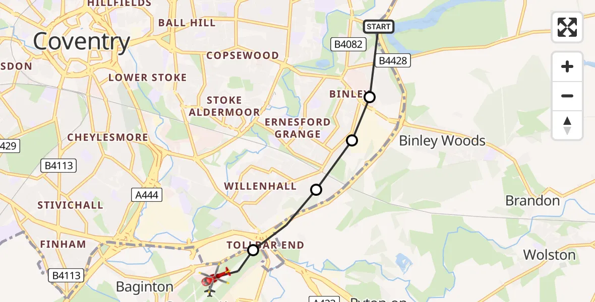 Flight route Air Ambulance Helicopter Rugby - Coventry Airport, 05 June 2026, 16:30