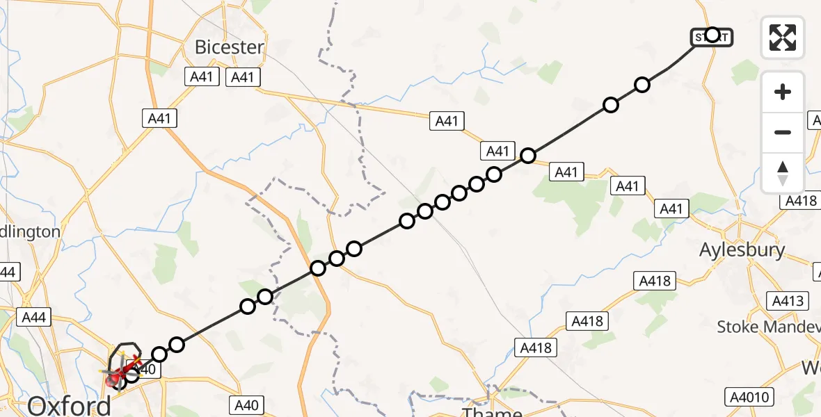 Flight route Air Ambulance Helicopter Swanbourne - Oxford, 05 June 2026, 16:35