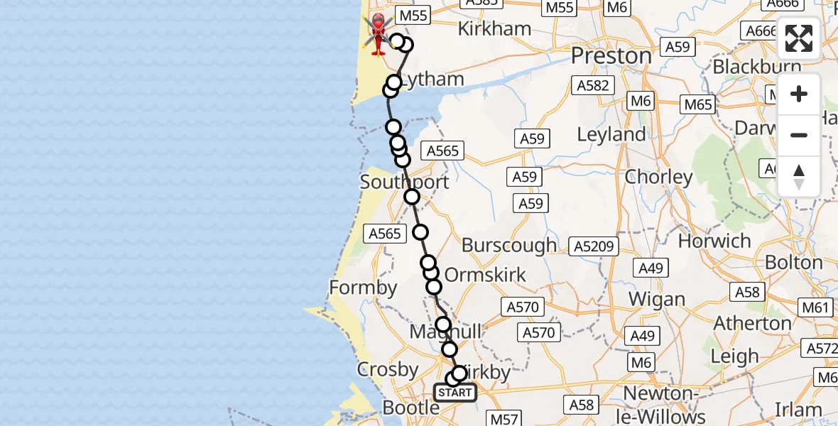 Flight route Air Ambulance Helicopter Aintree University Hospital Heliport - Blackpool Airport, 05 June 2026, 16:39