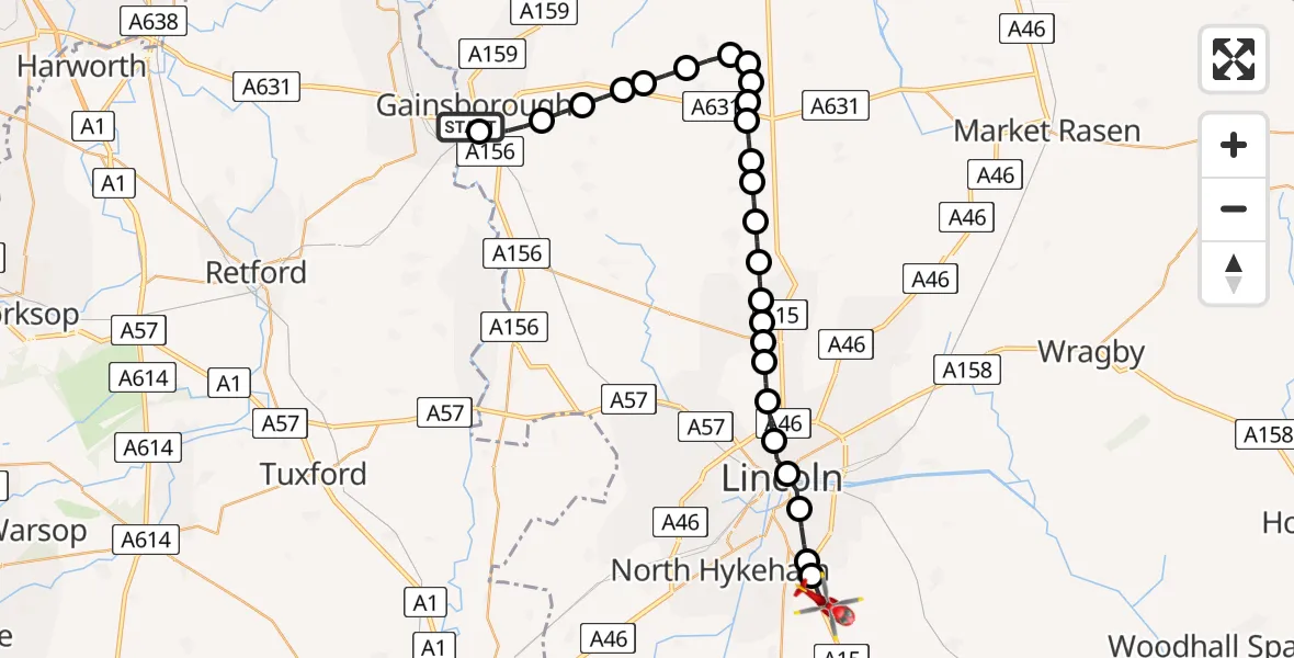 Flight route Air Ambulance Helicopter Bassetlaw - North Kesteven, 05 June 2026, 16:41
