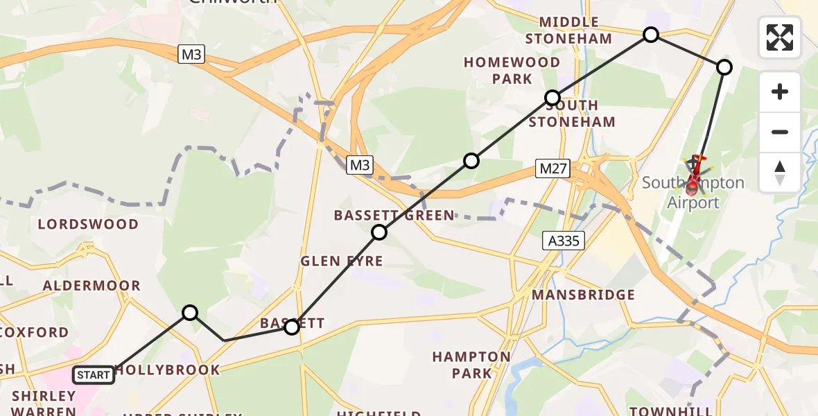 Flight route Air Ambulance Helicopter University Hospital Southampton - Southampton Airport, 05 June 2026, 16:45