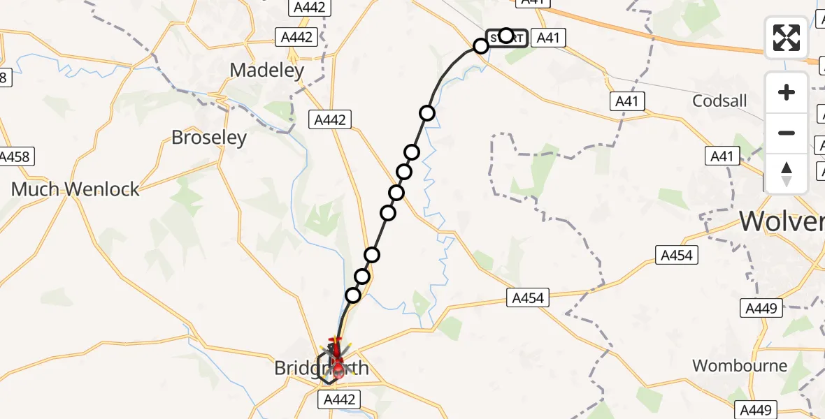 Flight route Air Ambulance Helicopter RAF Cosford - Bridgnorth, 05 June 2026, 16:49