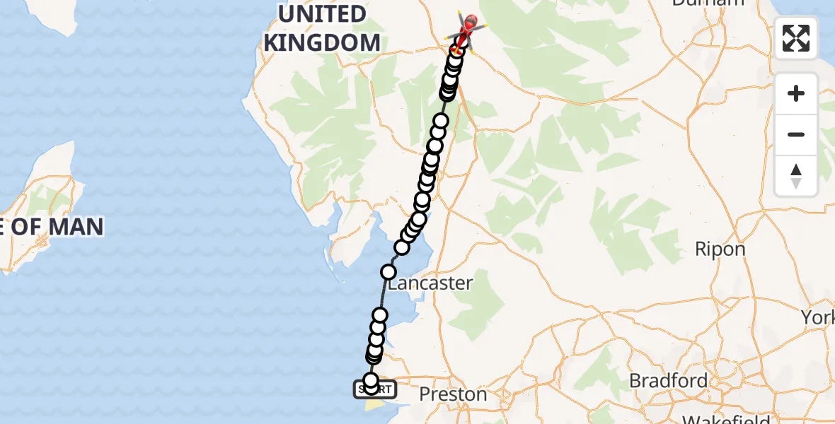 Flight route Air Ambulance Helicopter Blackpool Airport - Langwathby, 05 June 2026, 16:54