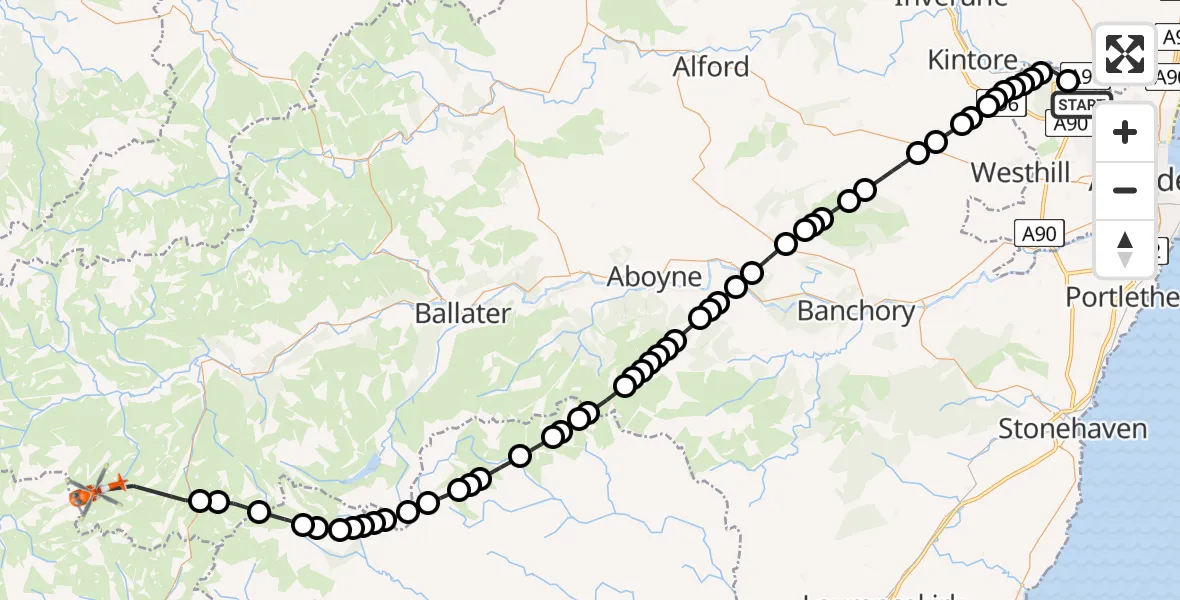 Flight route Coastguard Helicopter Aberdeen International Airport - Aberdeenshire, 05 June 2026, 16:55
