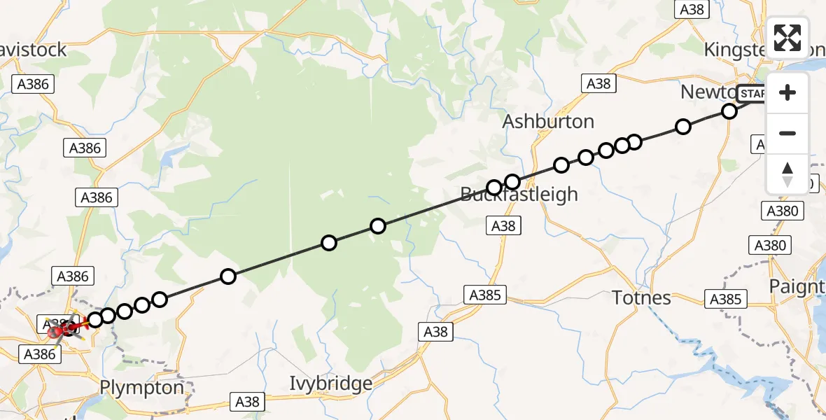 Flight route Air Ambulance Helicopter Newton Abbot - Derriford Hospital, 05 June 2026, 17:00