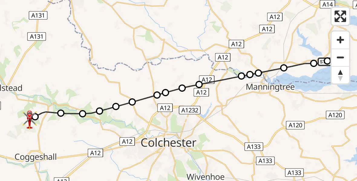 Flight route Air Ambulance Helicopter Ipswich - Earls Colne Airfield, 05 June 2026, 17:07