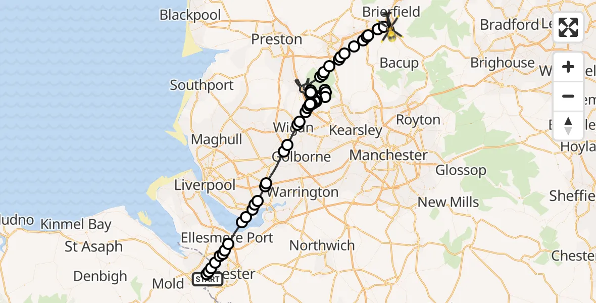 Flight route Police Helicopter Hawarden Airport - Burnley, 05 June 2026, 17:10