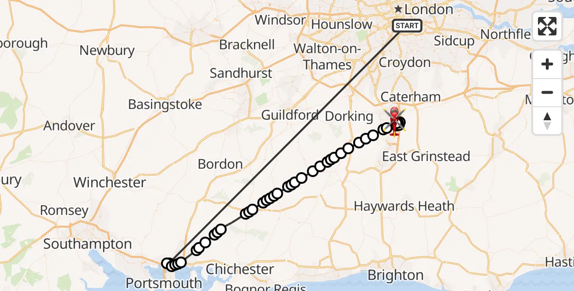 Flight route Air Ambulance Helicopter Kings College London Hospital - Redhill Aerodrome, 05 June 2026, 17:21