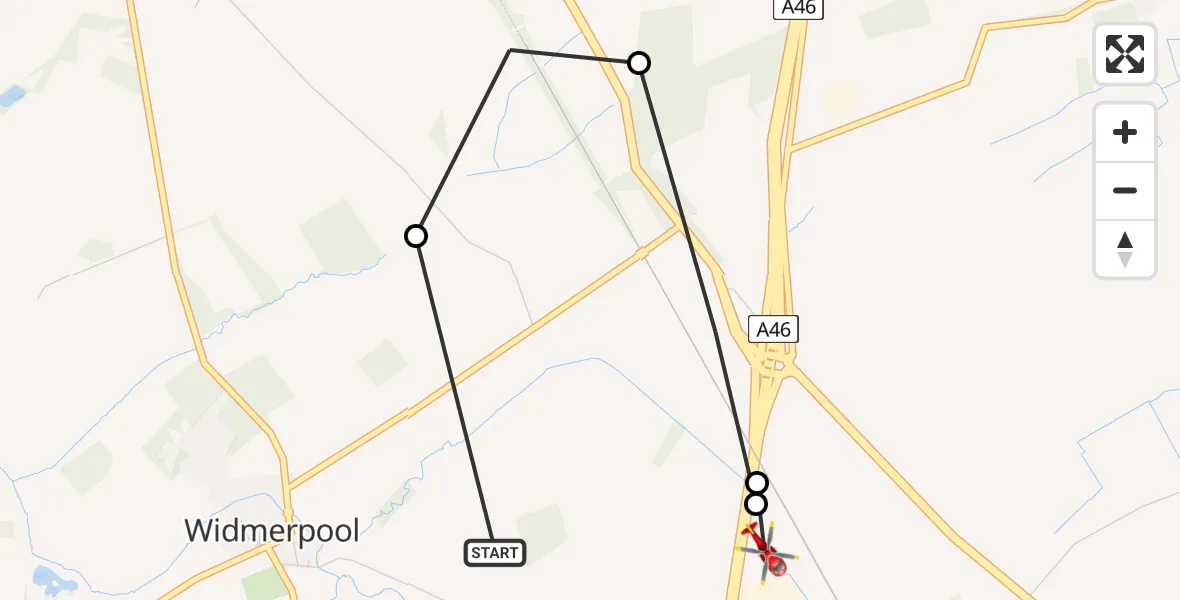 Flight route Air Ambulance Helicopter Widmerpool - Hickling, 05 June 2026, 17:41