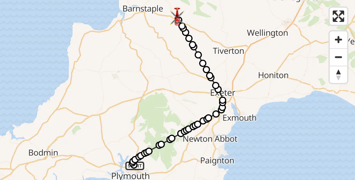 Flight route Air Ambulance Helicopter Derriford Hospital - North Molton, 05 June 2026, 17:48