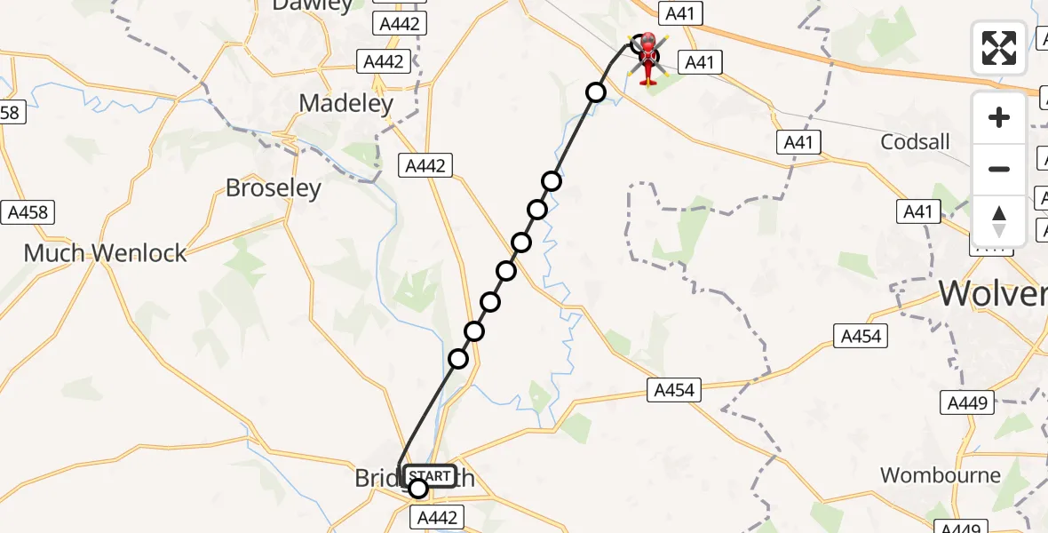 Flight route Air Ambulance Helicopter Bridgnorth - Tong, 05 June 2026, 17:50
