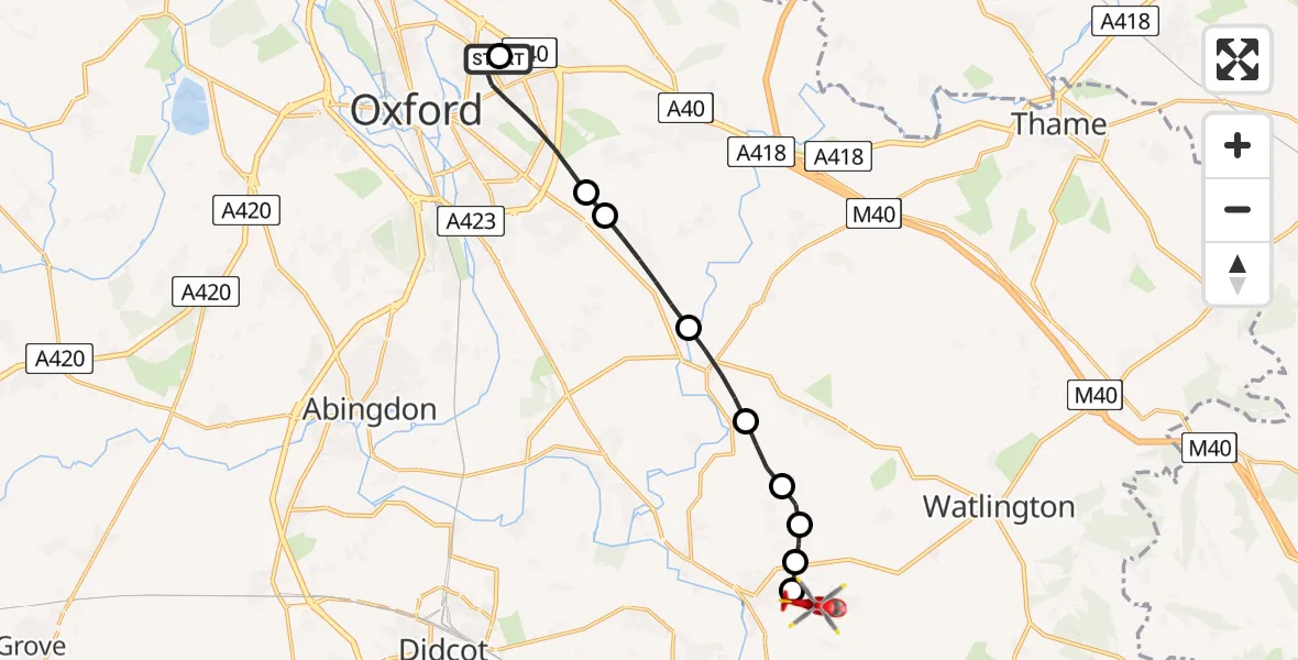 Flight route Air Ambulance Helicopter John Radcliffe Hospital - RAF Benson, 05 June 2026, 17:54