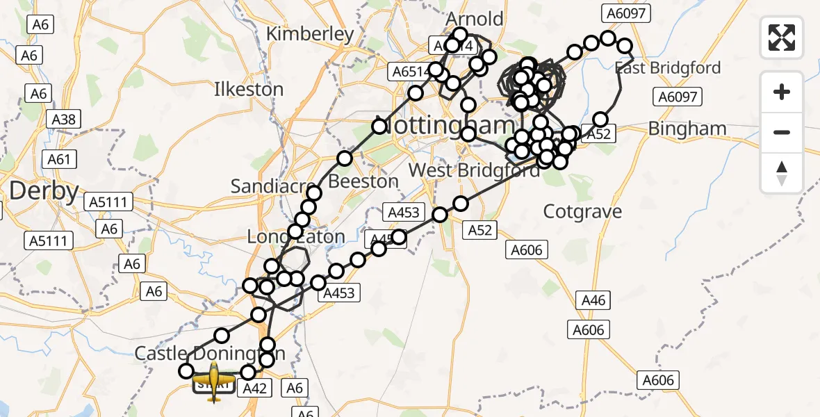 Flight route Police Aircraft East Midlands Airport - East Midlands Airport, 05 June 2026, 17:55