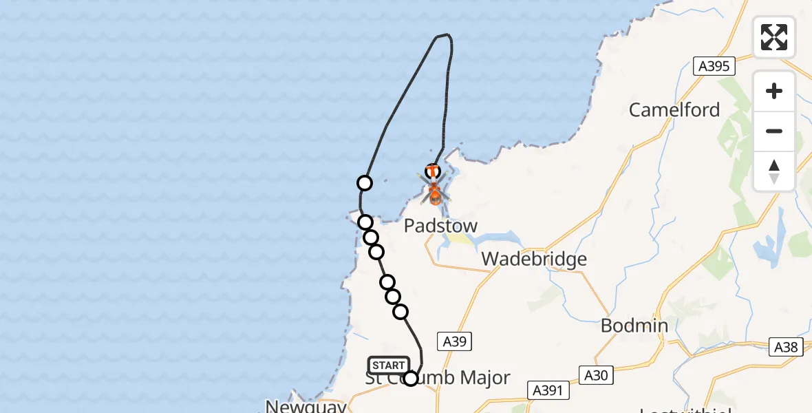 Flight route Coastguard Helicopter Cornwall Airport Newquay - New Polzeath, 05 June 2026, 18:00