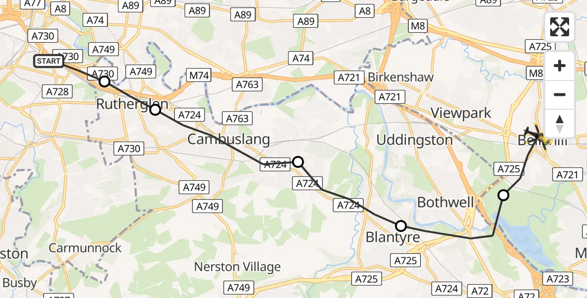 Flight route Police Helicopter Glasgow - Bellshill, 05 June 2026, 18:01