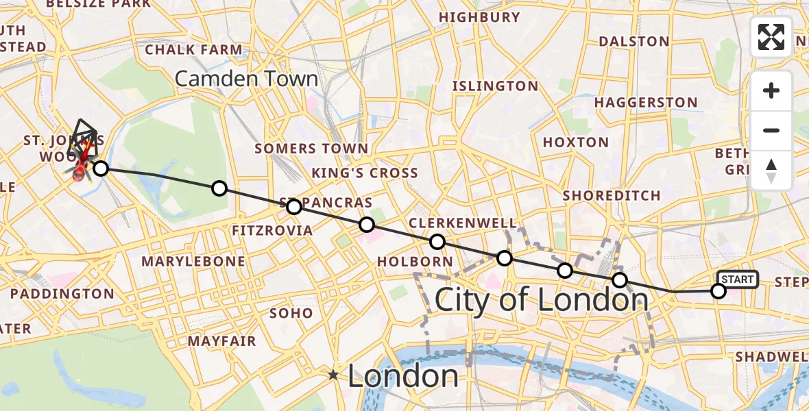 Flight route Air Ambulance Helicopter Royal London Hospital - City of Westminster, 05 June 2026, 18:14