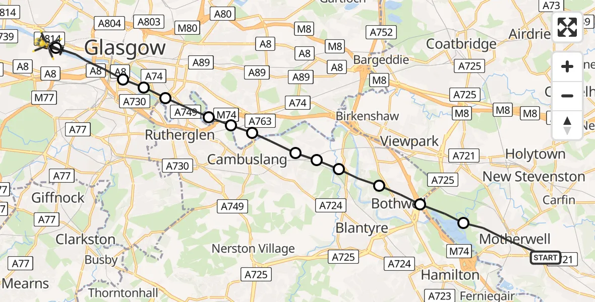 Flight route Police Helicopter Motherwell - Glasgow City Heliport, 05 June 2026, 18:30