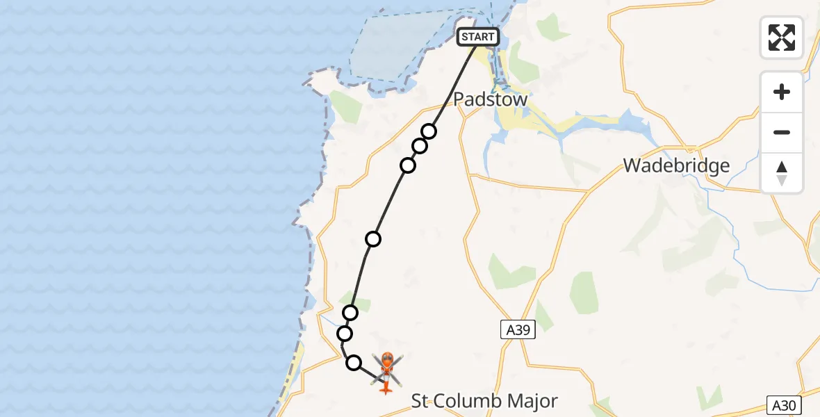 Flight route Coastguard Helicopter Padstow - Cornwall Airport Newquay, 05 June 2026, 18:34