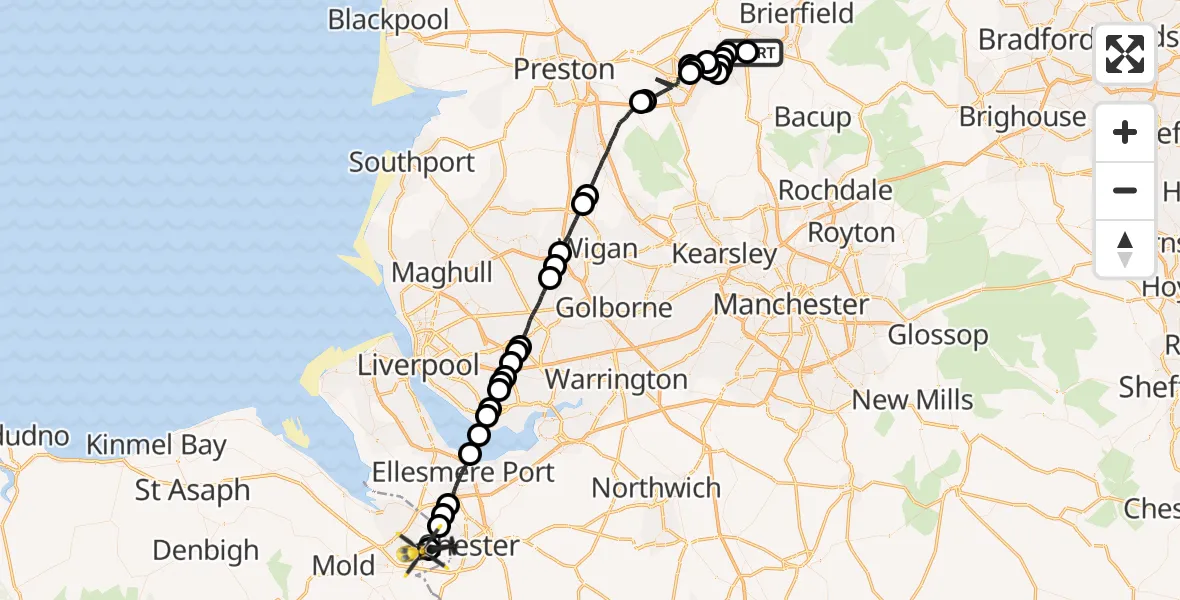 Flight route Police Helicopter Burnley - Hawarden Airport, 05 June 2026, 18:36