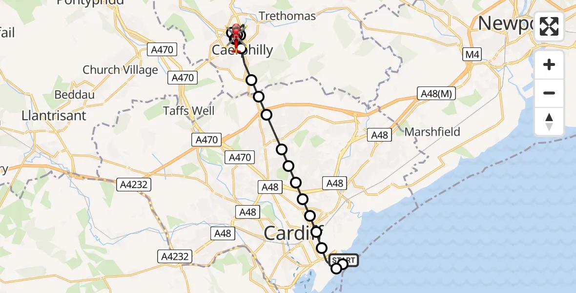 Flight route Air Ambulance Helicopter Cardiff Heliport - Caerphilly, 05 June 2026, 18:48