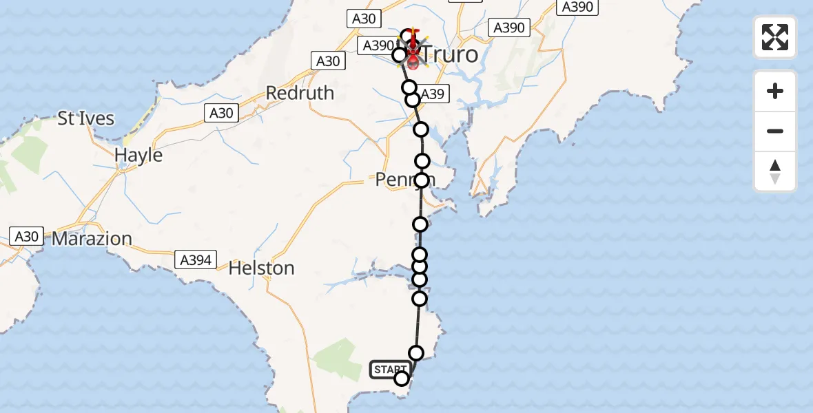 Flight route Air Ambulance Helicopter St Keverne - Treliske Hospital, 05 June 2026, 18:58