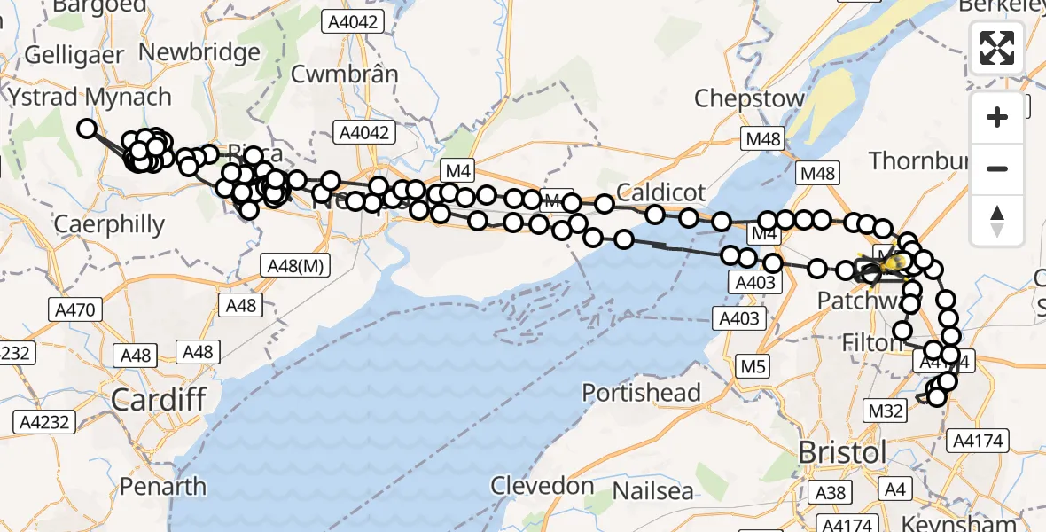 Flight route Police Helicopter Almondsbury Helicopter Base - Almondsbury Helicopter Base, 05 June 2026, 19:00