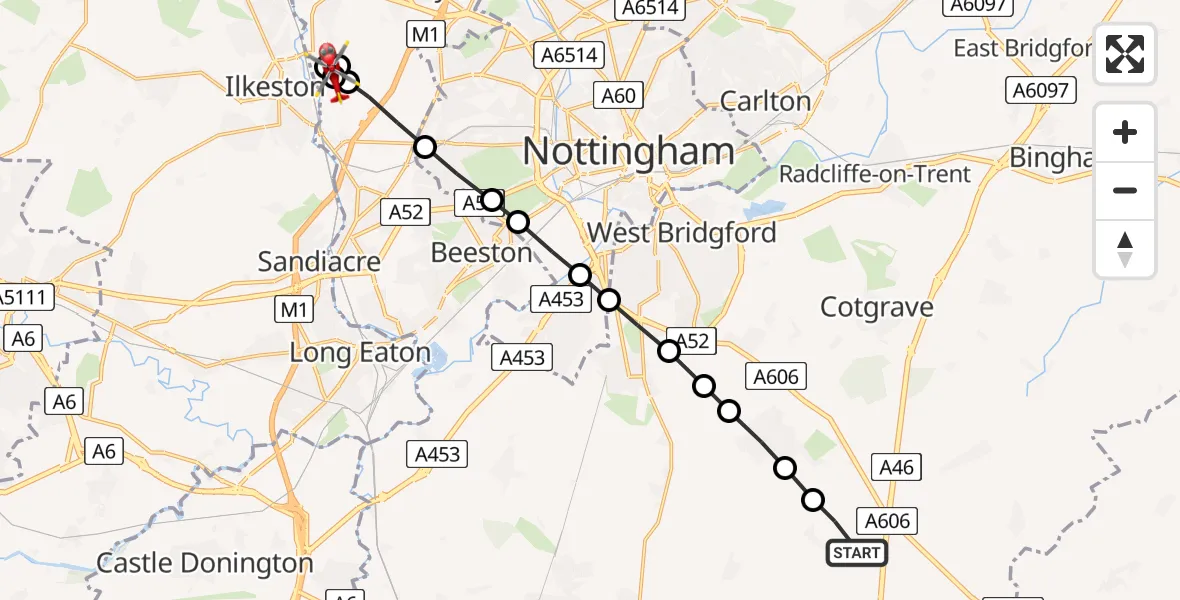 Flight route Air Ambulance Helicopter Widmerpool - Cossall, 05 June 2026, 19:16