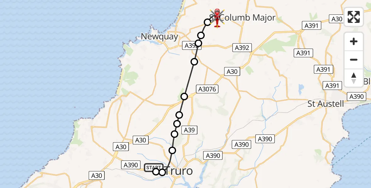 Flight route Air Ambulance Helicopter Treliske Hospital - Cornwall Airport Newquay, 05 June 2026, 19:20