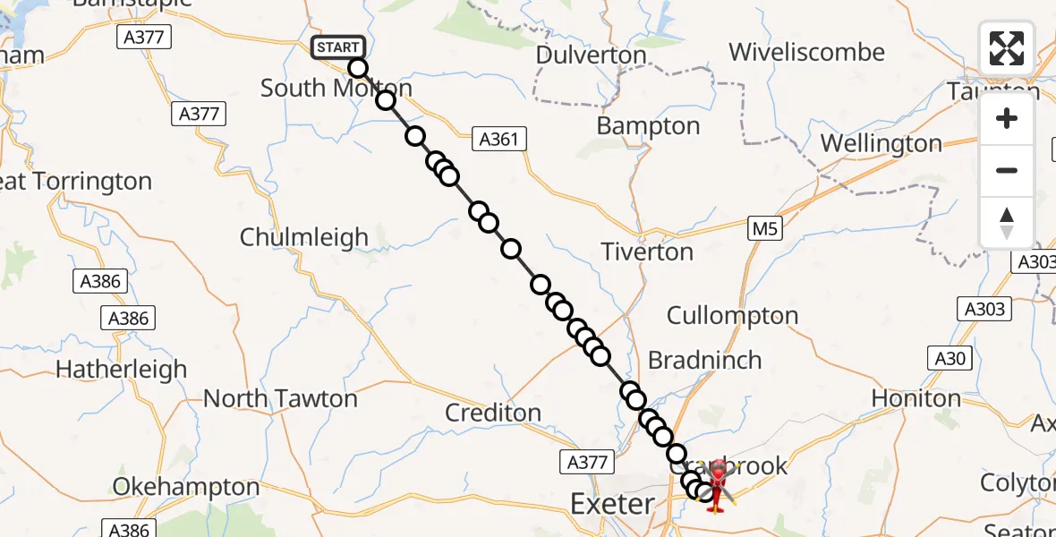 Flight route Air Ambulance Helicopter North Molton - Exeter International Airport, 05 June 2026, 19:26
