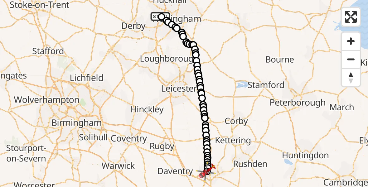 Flight route Air Ambulance Helicopter Cossall - Northampton, 05 June 2026, 19:43