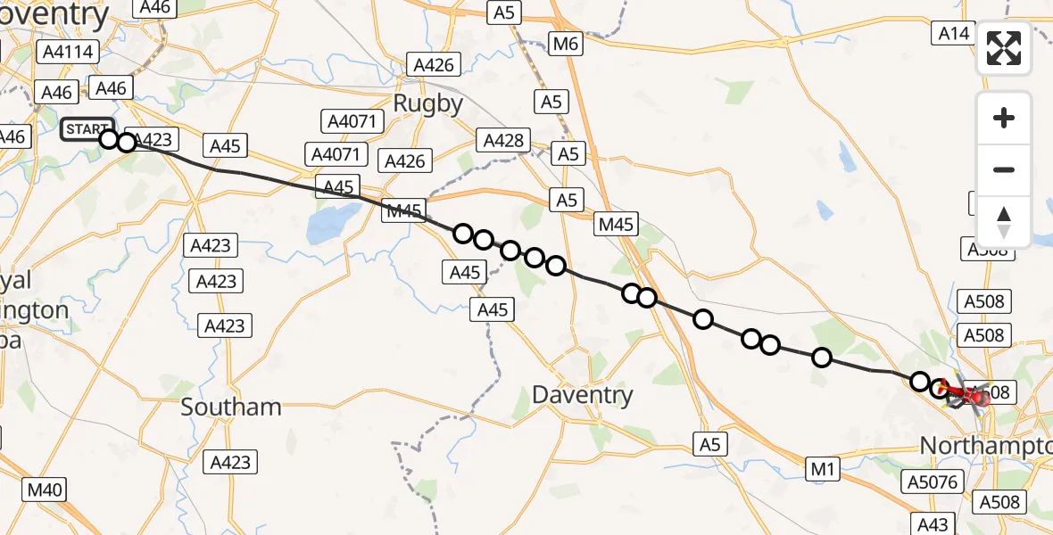 Flight route Air Ambulance Helicopter Coventry Airport - Northampton, 05 June 2026, 19:45