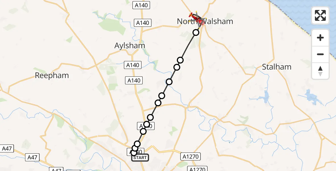 Flight route Air Ambulance Helicopter Norwich Airport - North Walsham, 05 June 2026, 19:49