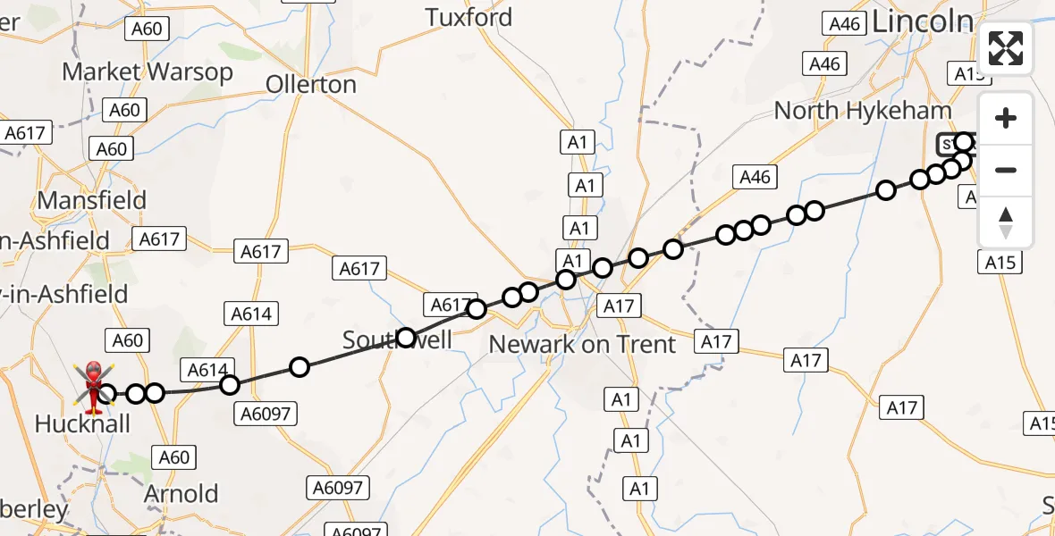 Flight route Air Ambulance Helicopter RAF Waddington - Linby CP, 05 June 2026, 20:00