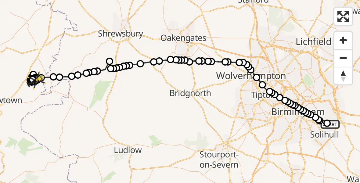 Flight route Police Helicopter Birmingham Airport - Hendomen, 05 June 2026, 20:08